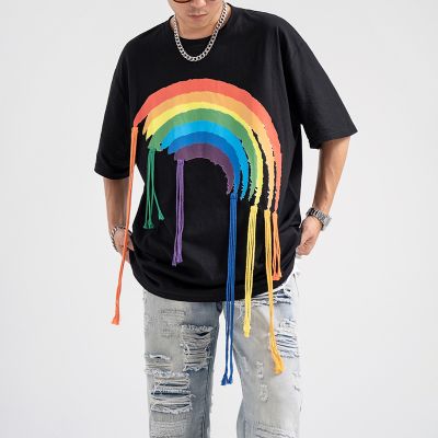 Rainbow Print Fringed Short Sleeve T-Shirt