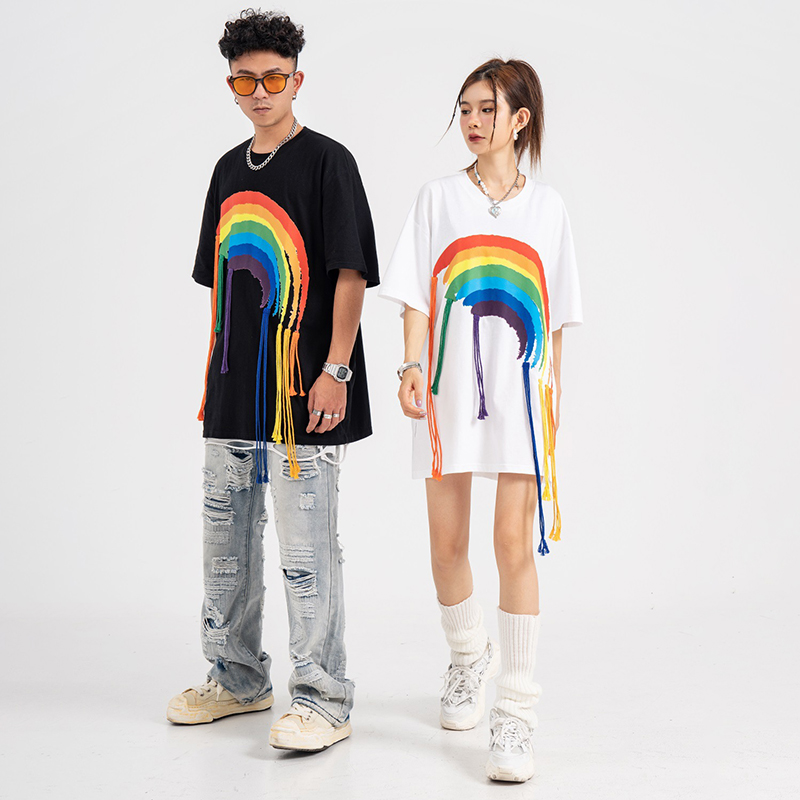 Rainbow Print Fringed Short Sleeve T-Shirt