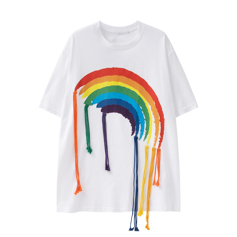 Rainbow Print Fringed Short Sleeve T-Shirt