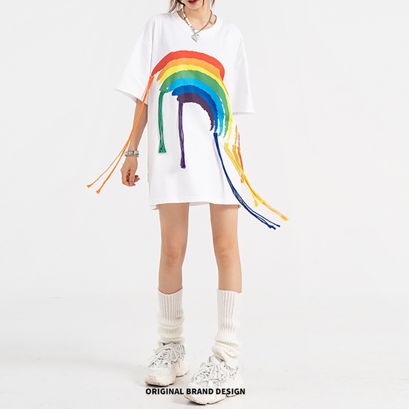 Rainbow Print Fringed Short Sleeve T-Shirt