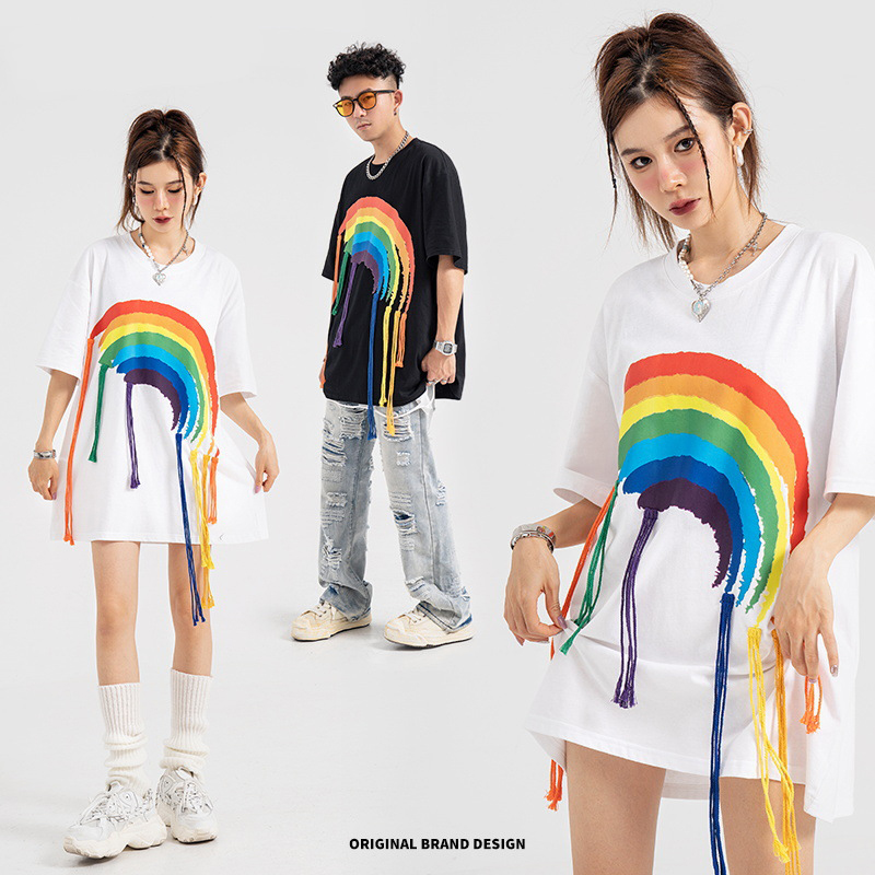 Rainbow Print Fringed Short Sleeve T-Shirt