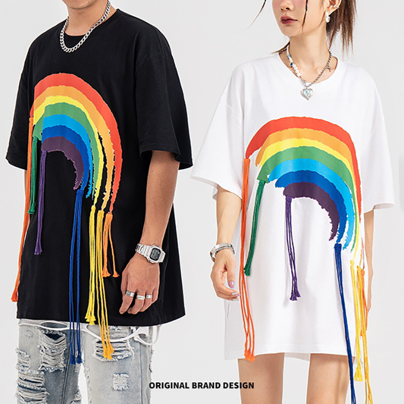 Rainbow Print Fringed Short Sleeve T-Shirt