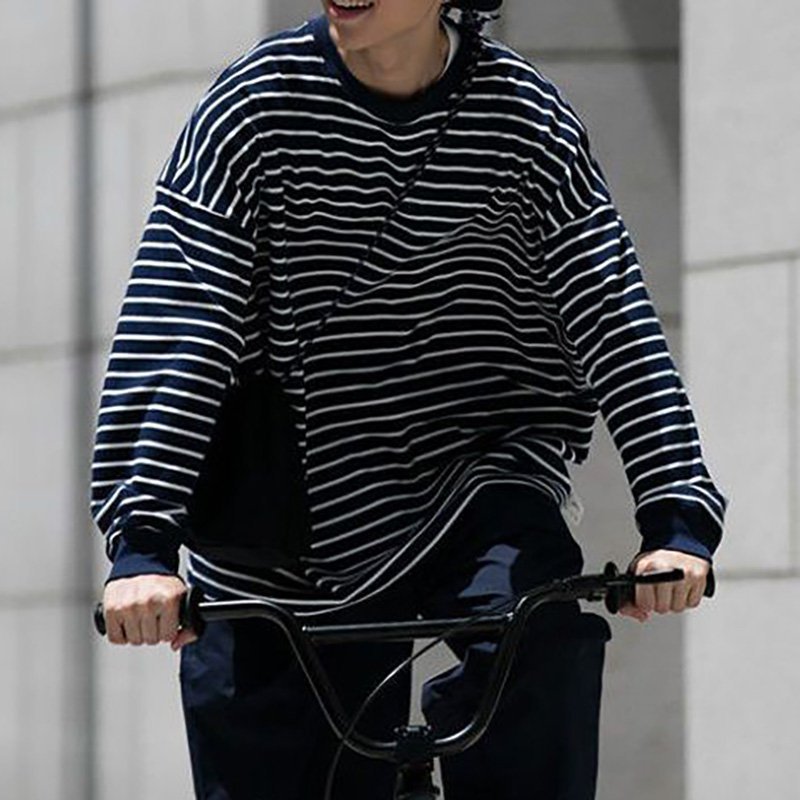 Retro Striped Round Neck Long Sleeve Couple T-Shirt