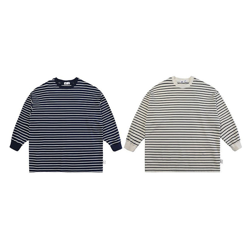 Retro Striped Round Neck Long Sleeve Couple T-Shirt