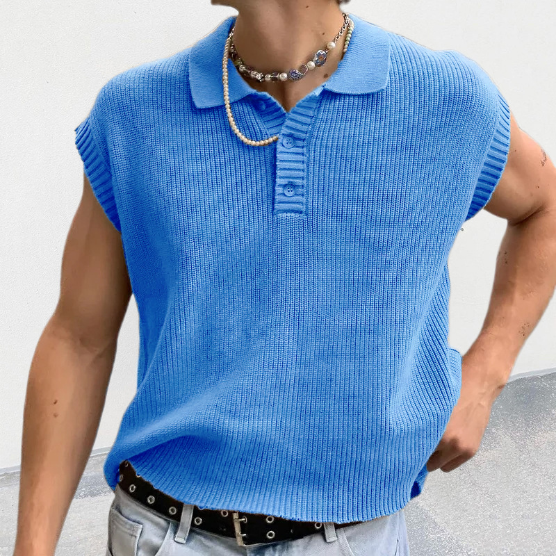 Solid Color Polo Collar Knitted Sleeveless T-shirt Vest