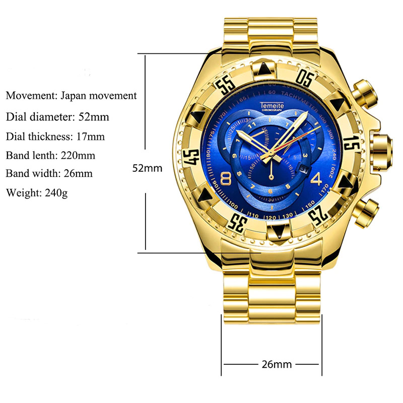 52mm Military Sports Quartz Watch in Gold for Men
