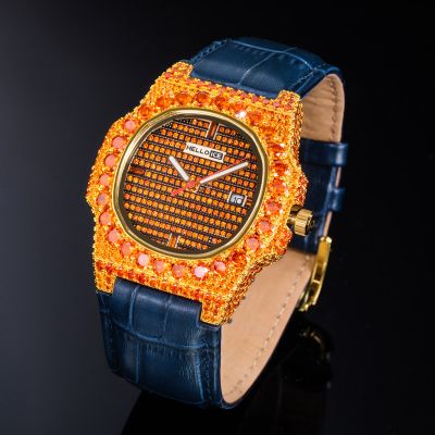  Iced Orange Stones Watch in Gold with Leather Strap