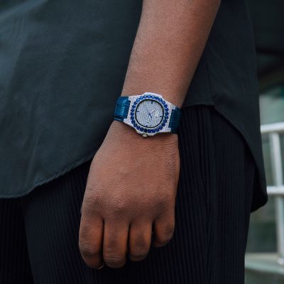 Iced Sapphire Stones Watch in White Gold with Leather Strap