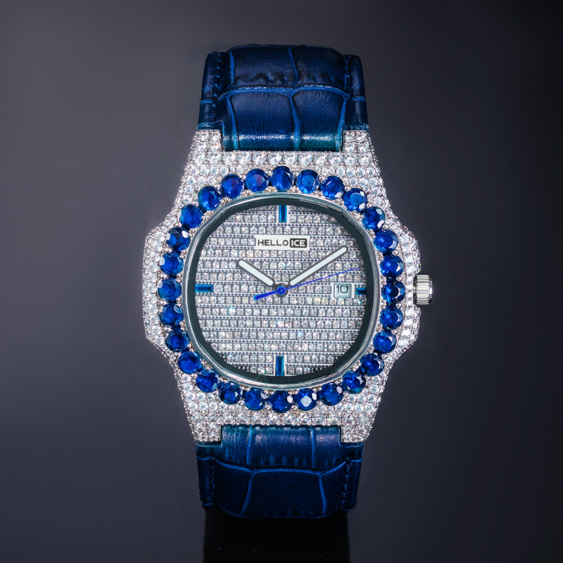 Iced Sapphire Stones Watch in White Gold with Leather Strap