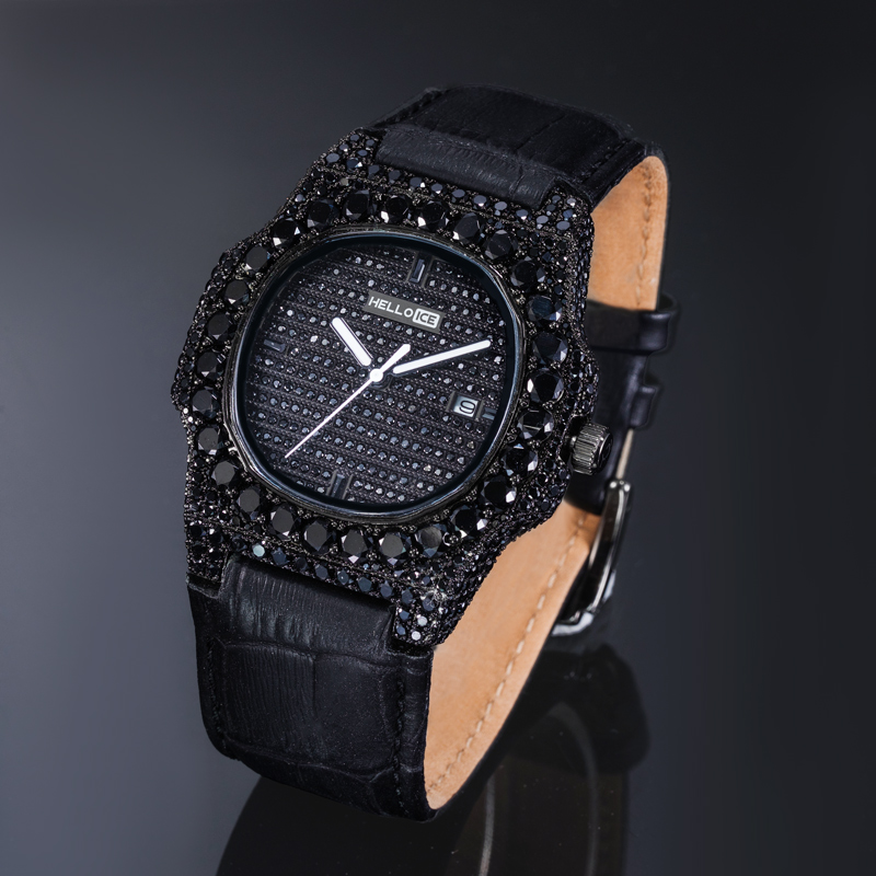 Iced Black Stones Watch in Black Gold with Leather Strap