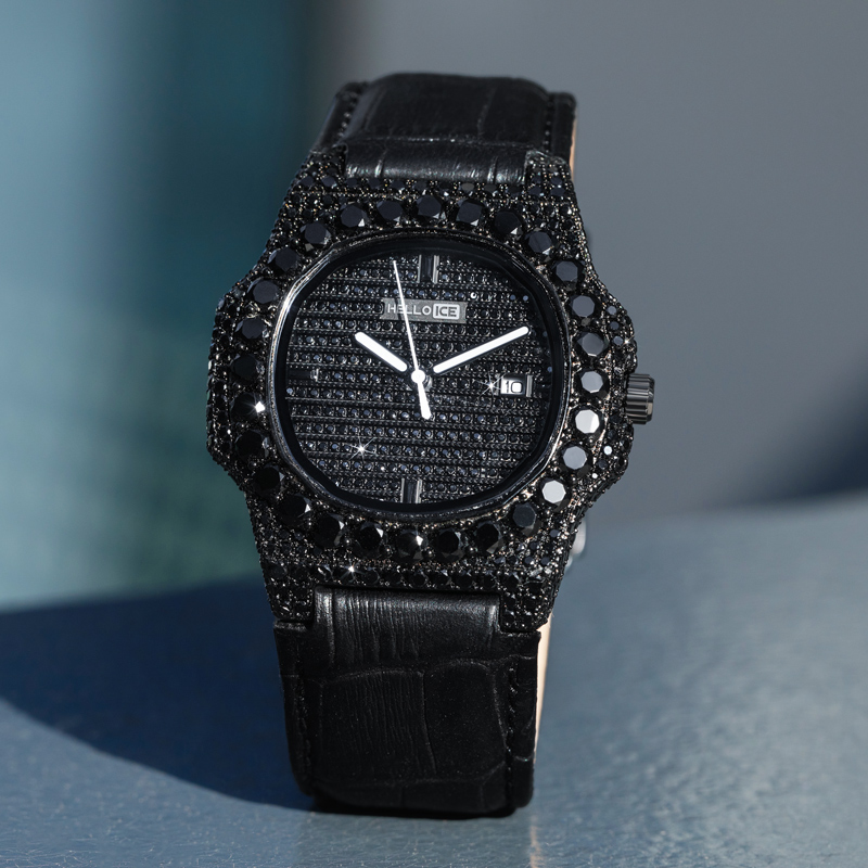 Iced Black Stones Watch in Black Gold with Leather Strap