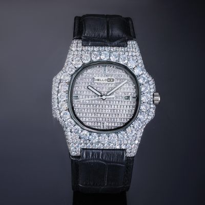  Iced Round Stones Watch in White Gold with Leather Strap