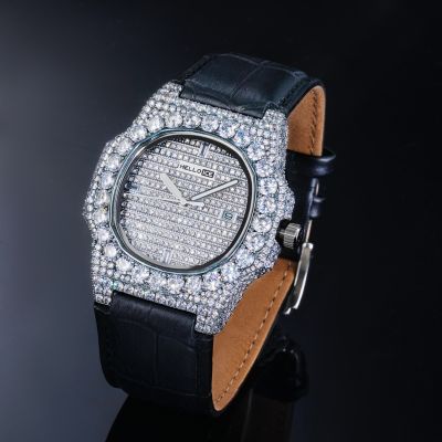  Iced Round Stones Watch in White Gold with Leather Strap