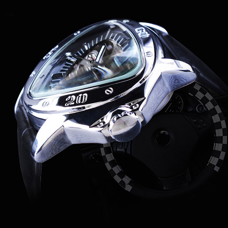 Triangle Skeleton Mechanical Watch with Black Leather Strap