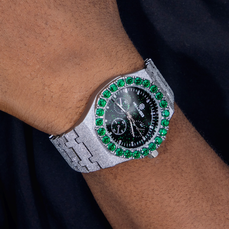 Iced Black Glitter Dial Emerald Round Cut Men's Watch