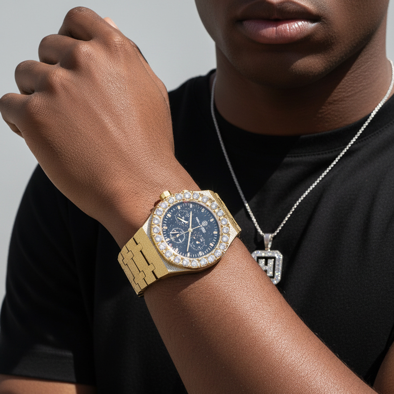  Iced Black Glitter Dial White Round Cut Watch