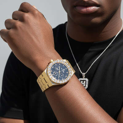  Iced Black Glitter Dial White Round Cut Watch