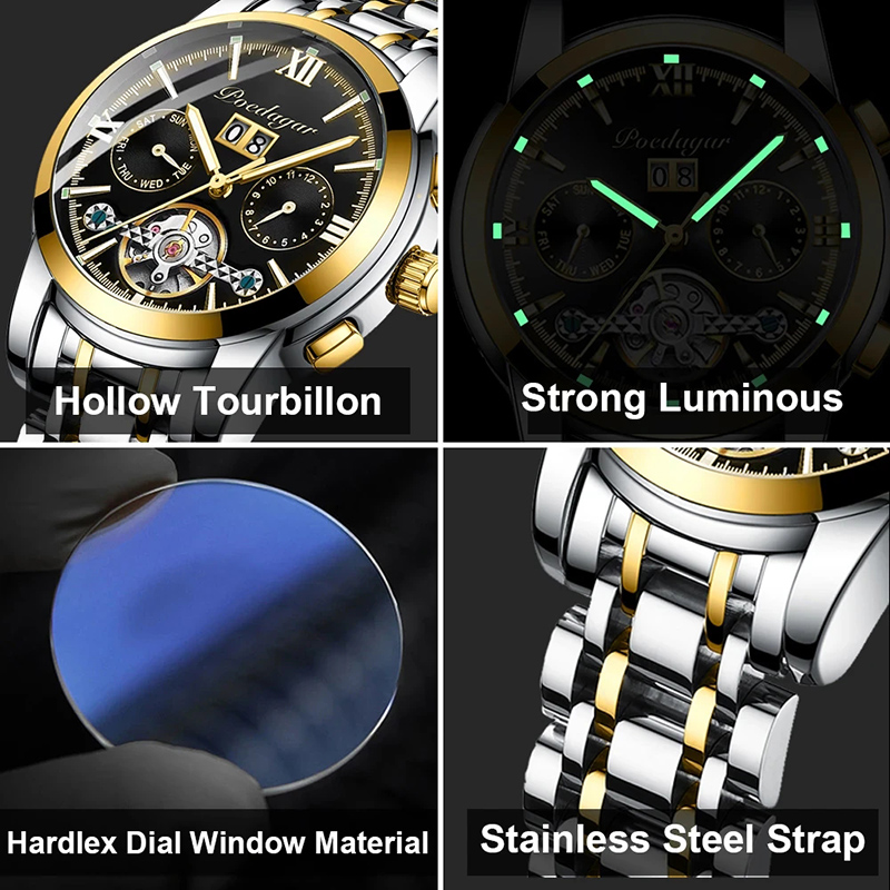 Waterproof Luminous Hollow Tourbillon Stainless Steel Automatic Mechanical Watch