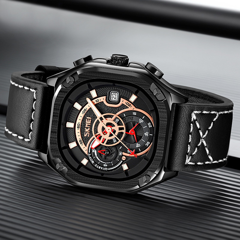 Square Dial Waterproof Quartz Watch with Leather Strap