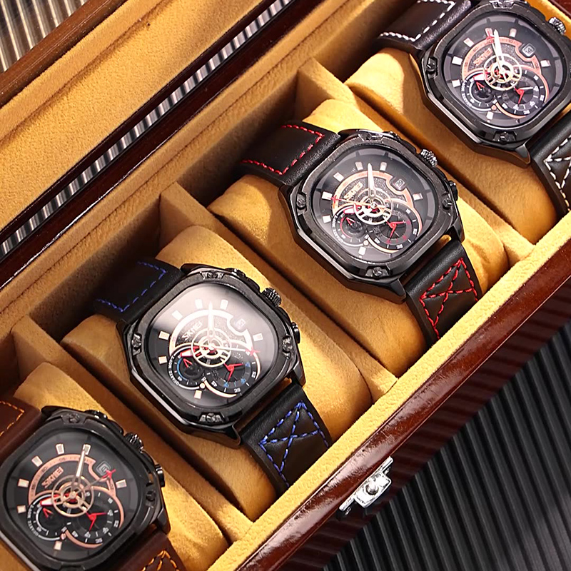  Square Dial Waterproof Quartz Watch with Leather Strap