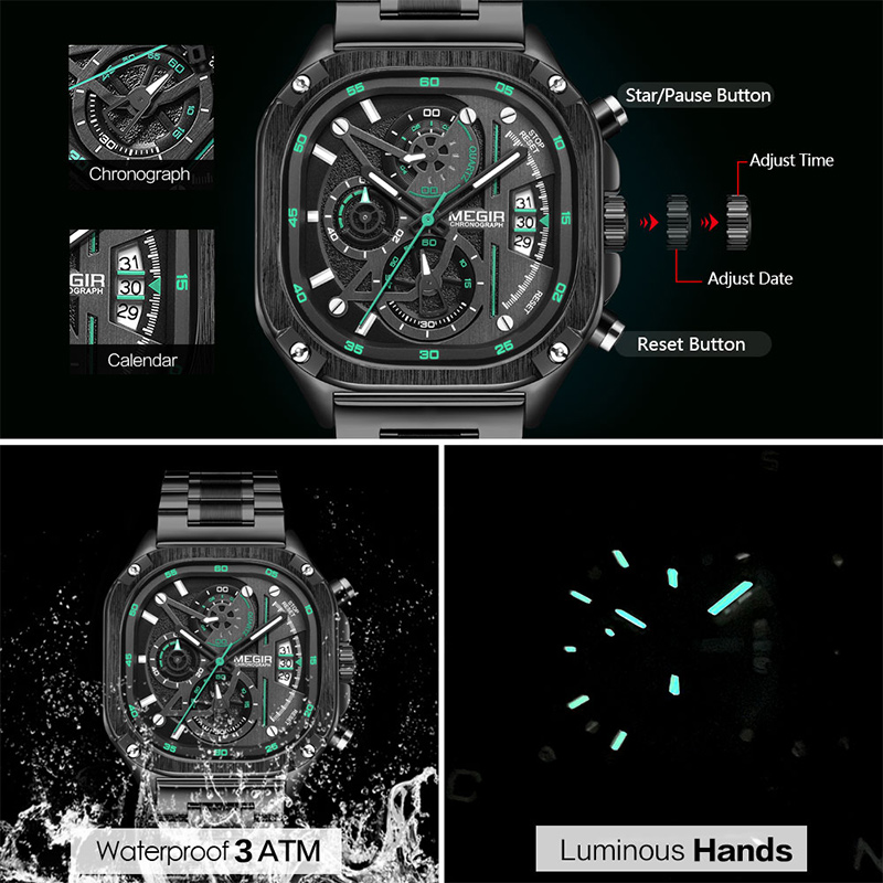 Multifunctional Waterproof Luminous Square Quartz Watch