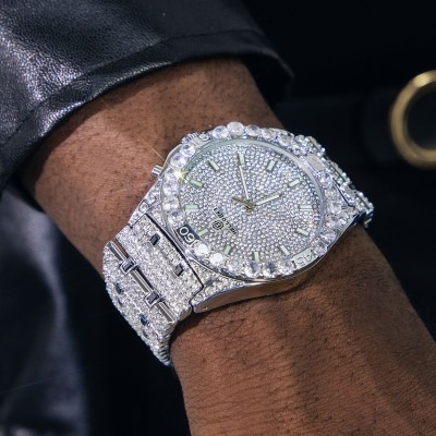  Iced Round Cut Luminous Men's Numerals Watch in White Gold