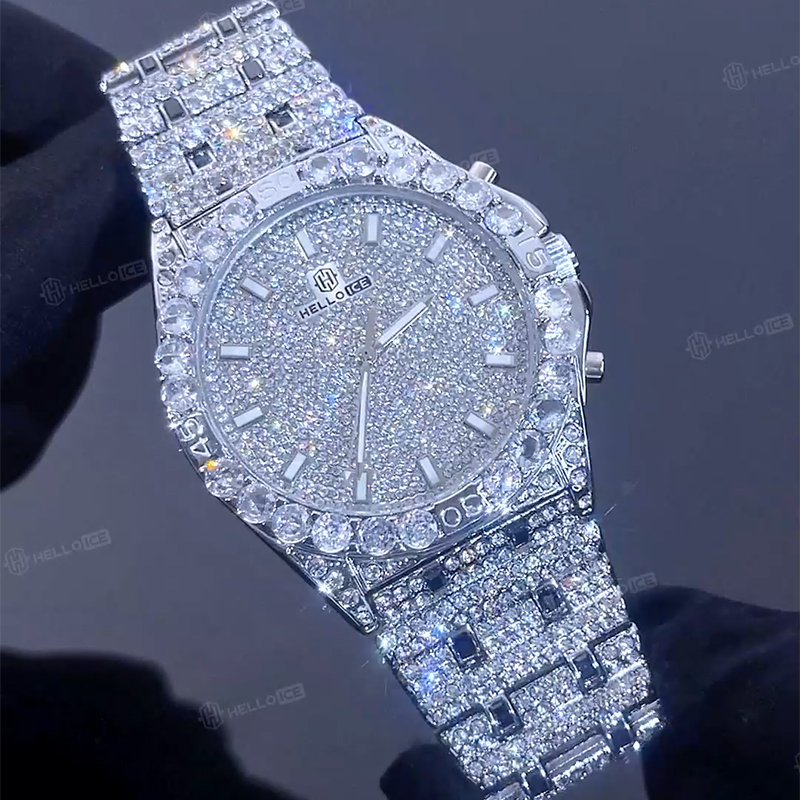  Iced Round Cut Luminous Men's Numerals Watch in White Gold