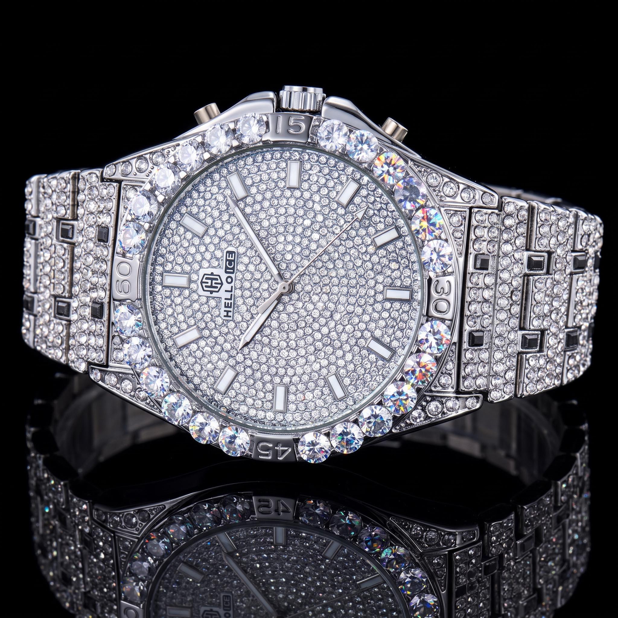 Iced Round Cut Luminous Men's Numerals Watch in White Gold Iced Round Cut Luminous Men's Numerals Watch in White Gold
