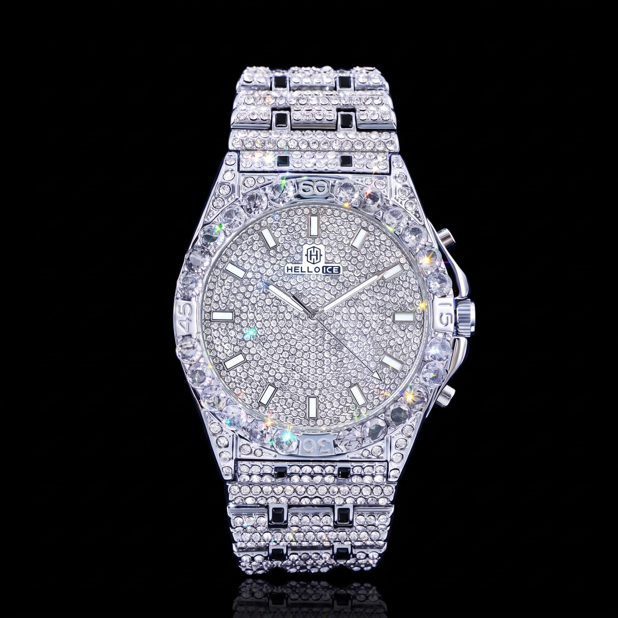 Iced Round Cut Luminous Men's Numerals Watch in White Gold Iced Round Cut Luminous Men's Numerals Watch in White Gold