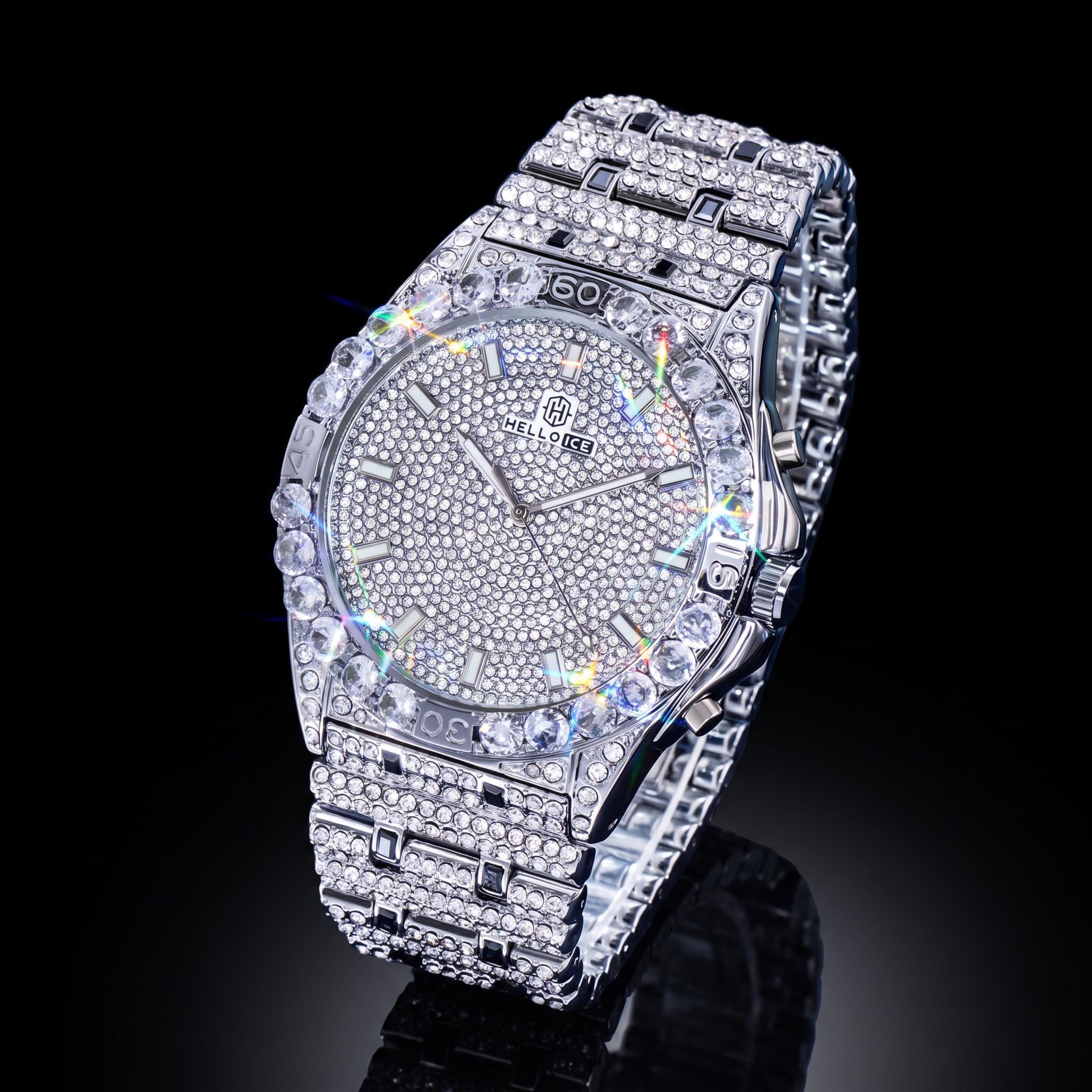 Iced Round Cut Luminous Men's Numerals Watch in White Gold Iced Round Cut Luminous Men's Numerals Watch in White Gold