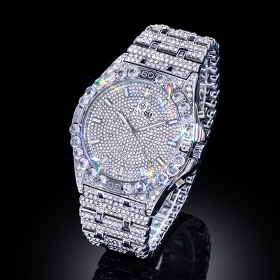 Iced Round Cut Luminous Men's Numerals Watch in White Gold