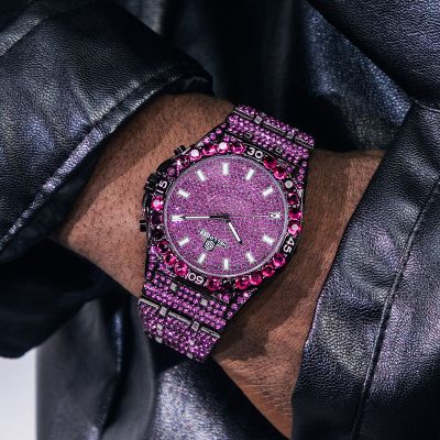  Iced Ruby Round Cut Luminous Men's Numerals Watch