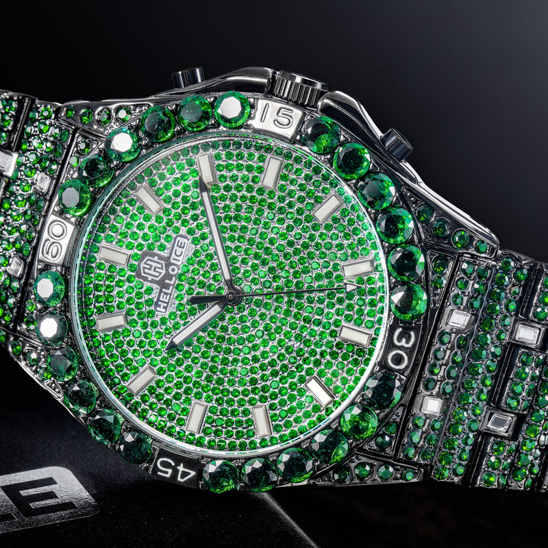  Iced Emerald Round Cut Luminous Men's Numerals Watch