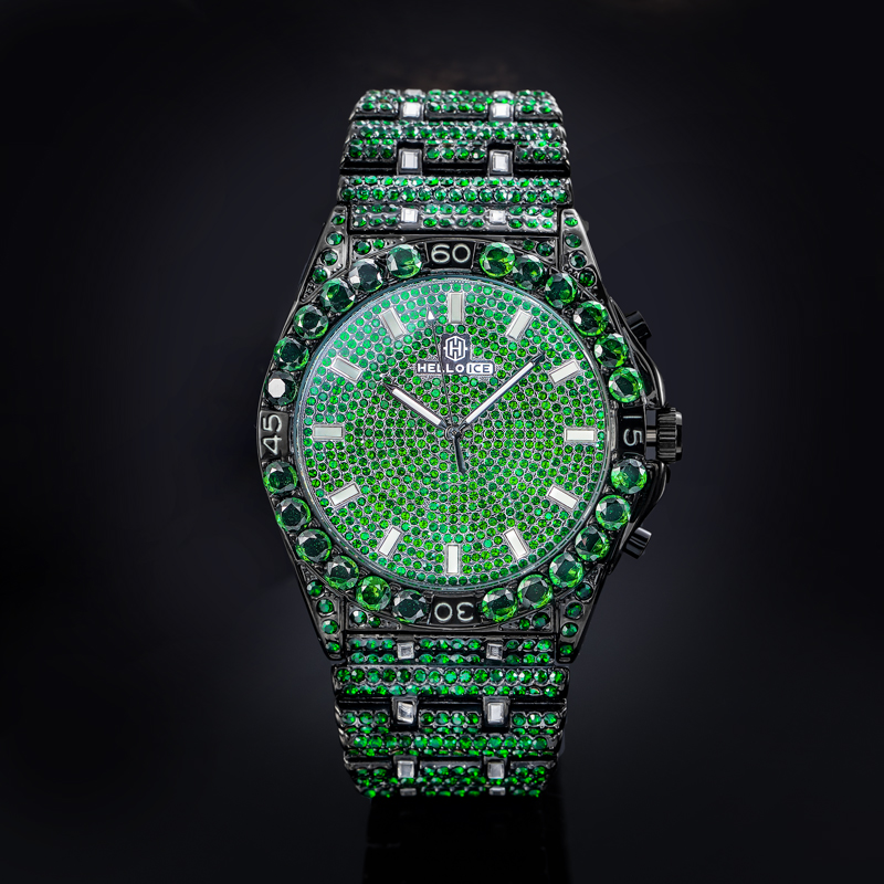  Iced Emerald Round Cut Luminous Men's Numerals Watch