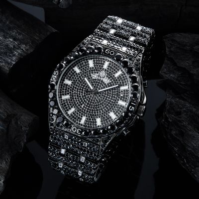 Iced Black Glitter Round Cut Luminous Men's Numerals Watch