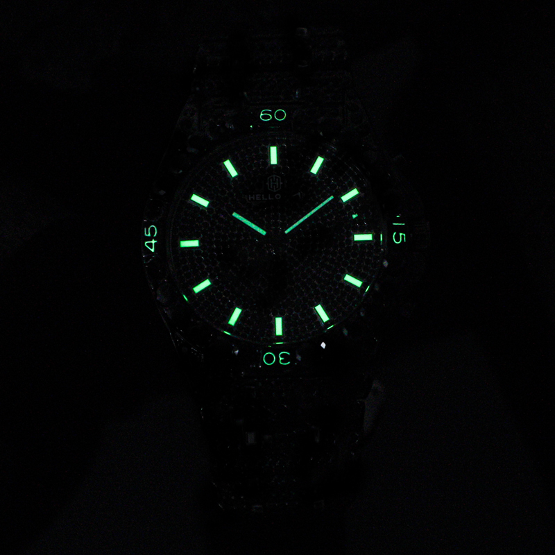 Iced Black Glitter Round Cut Luminous Men's Numerals Watch