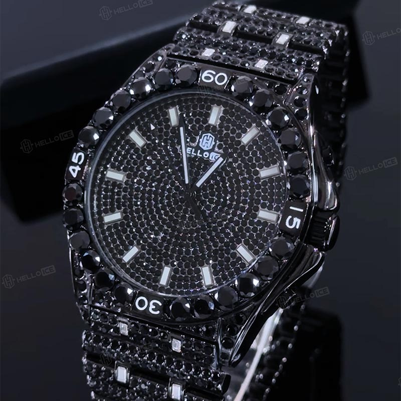Iced Black Glitter Round Cut Luminous Men's Numerals Watch