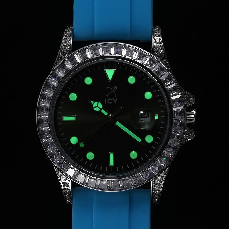40mm Black Luminous Dial Watch with Blue Silicone Strap