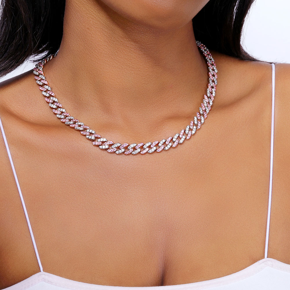 Women's 8mm Iced Pink&White Two-tone Cuban Link Chain