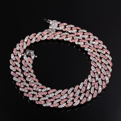 Women's 8mm Iced Pink&White Two-tone Cuban Link Chain