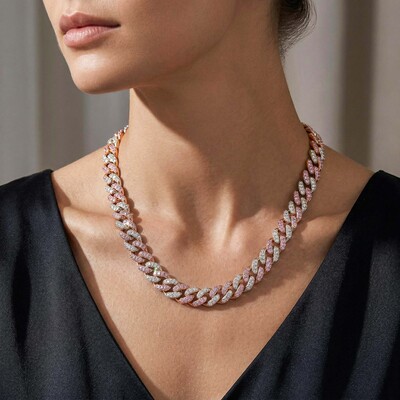 Women's 8mm Iced Pink&White Two-tone Cuban Link Chain