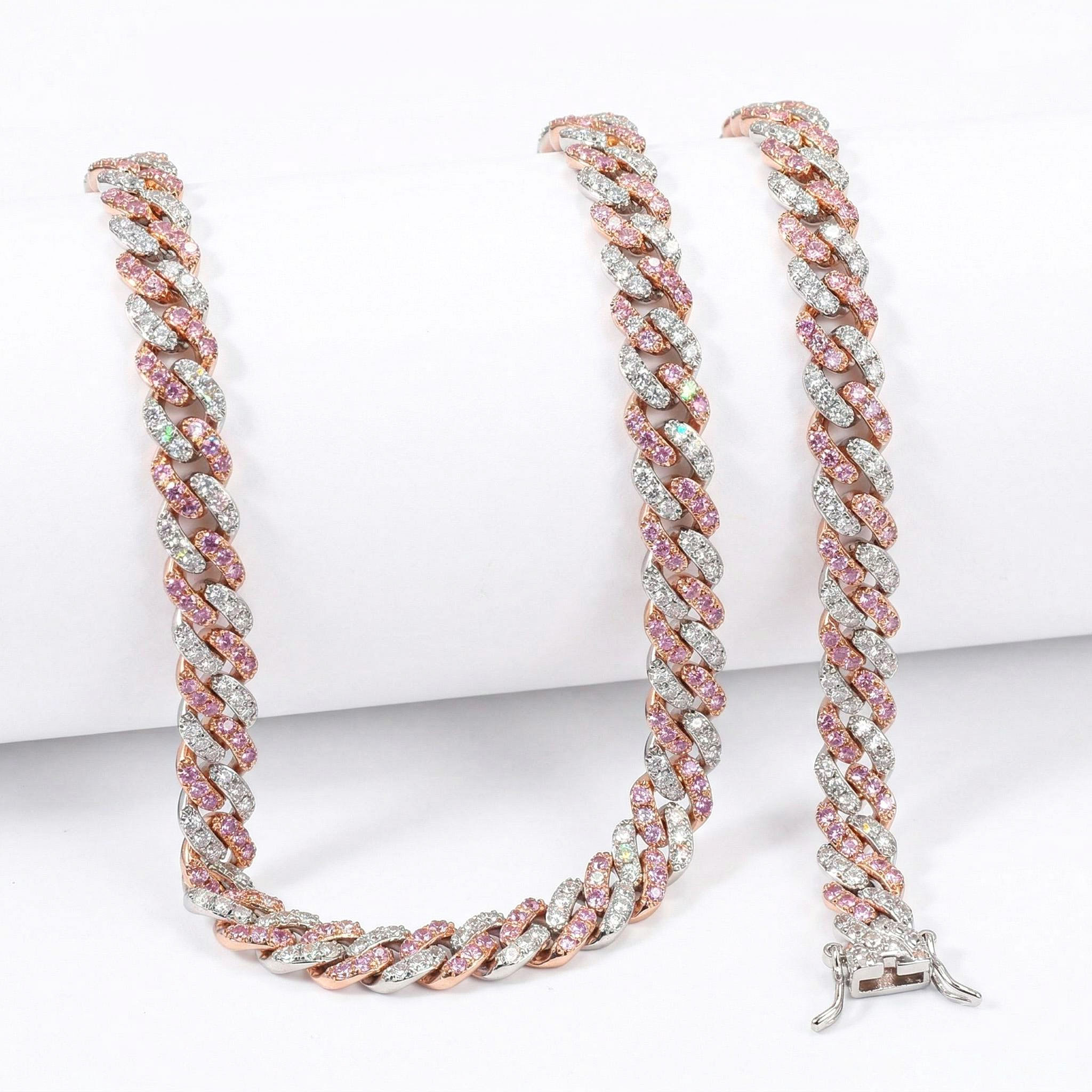 Women's 8mm Iced Pink&White Two-tone Cuban Link Chain