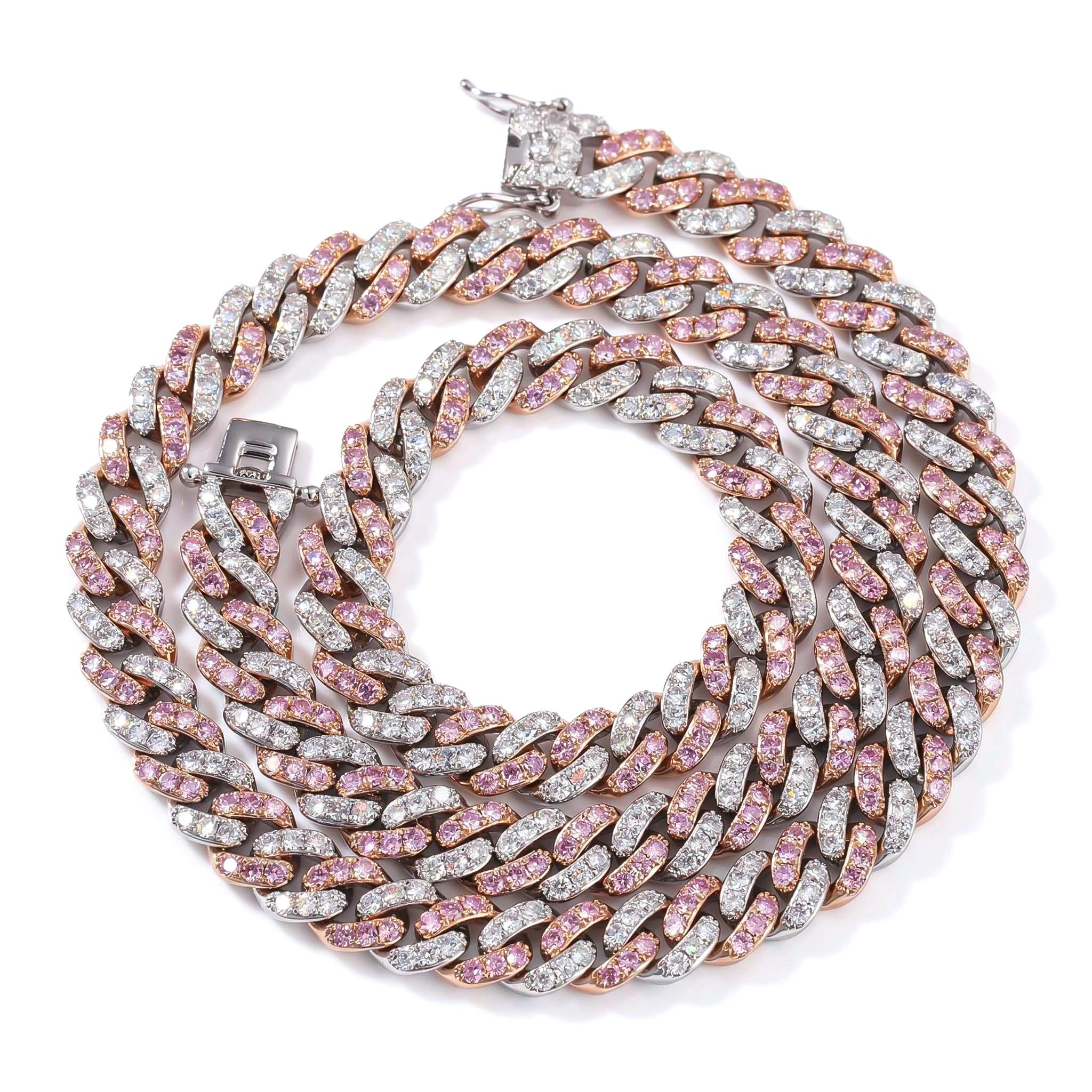 Women's 8mm Iced Pink&White Two-tone Cuban Link Chain