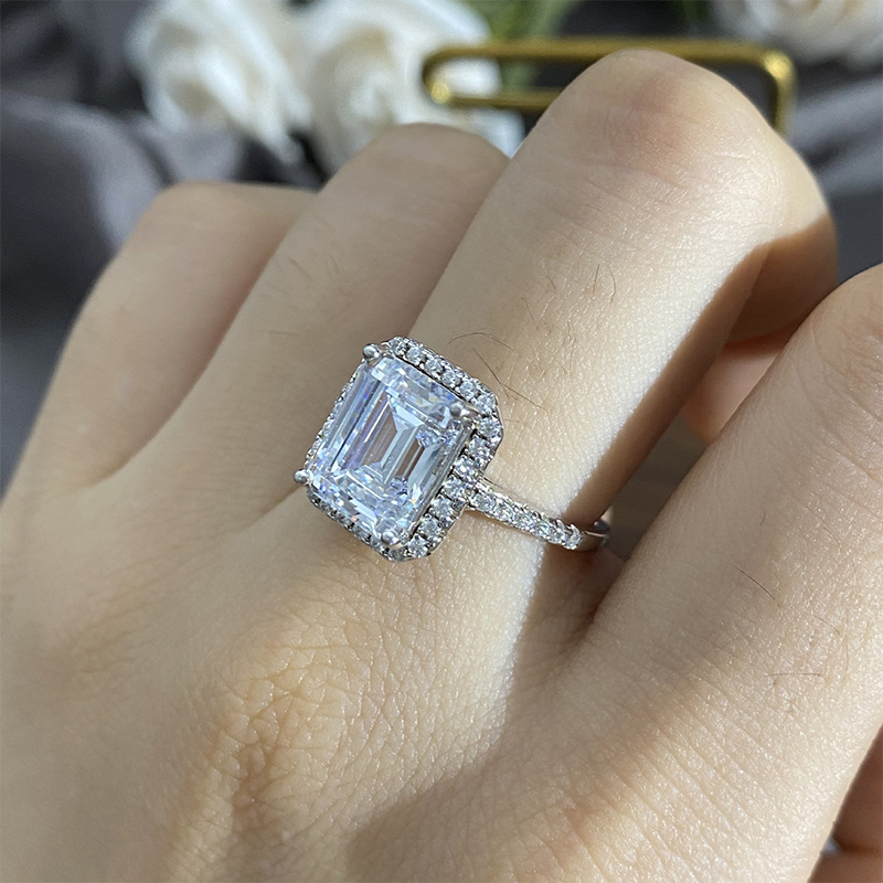 Enchanting Emerald Cut Halo Engagement Ring in Sterling Silver