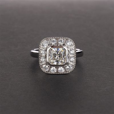 Vintage Cushion Cut Halo Engagement Ring in Sterling Silver