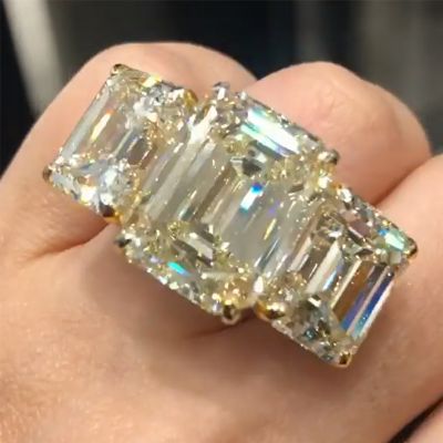 Fancy Yellow Three-Stone Emerald Cut Engagement Ring in Sterling Silver