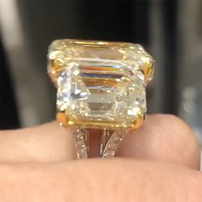 Fancy Yellow Three-Stone Emerald Cut Engagement Ring in Sterling Silver
