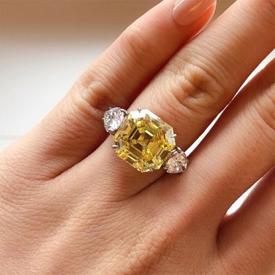 Three-Stone Fancy Yellow Asscher Cut Wedding Ring in Sterling Sliver