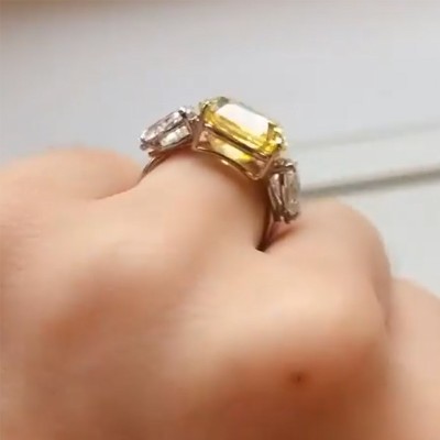 Three-Stone Fancy Yellow Asscher Cut Wedding Ring in Sterling Silver