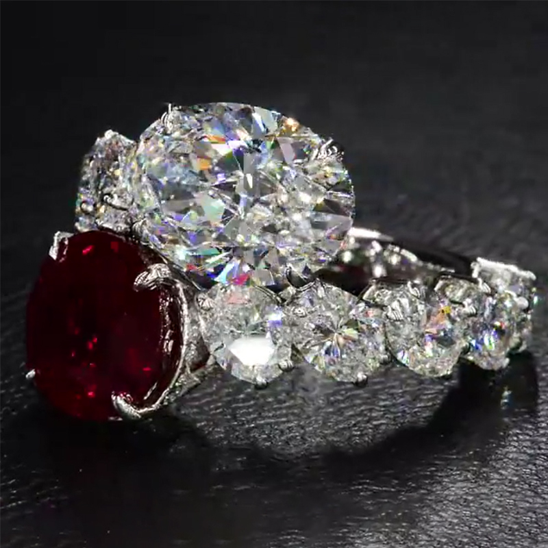 Luxurious Ruby & White Oval Cut Sterling Silver Engagement Ring